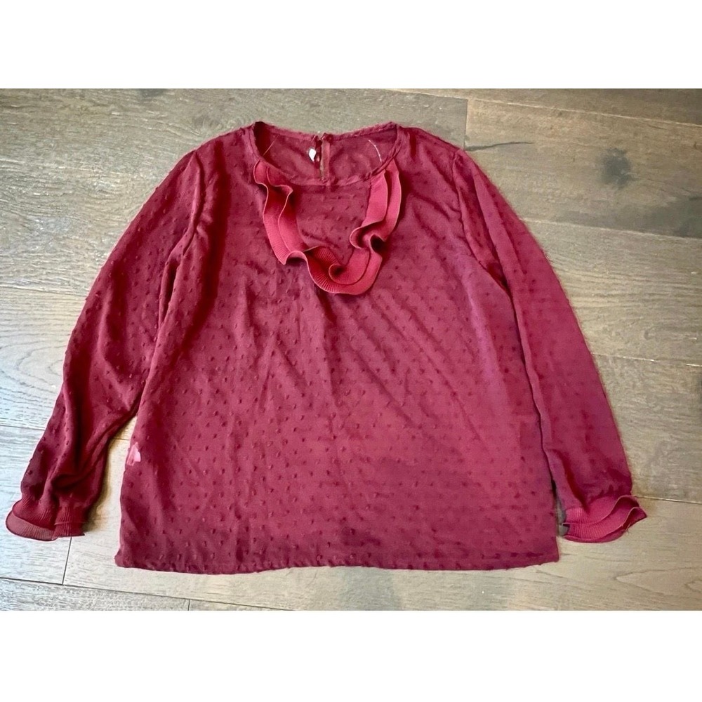 Generic Swiss Dot Ruffle Top Burgundy Blouse